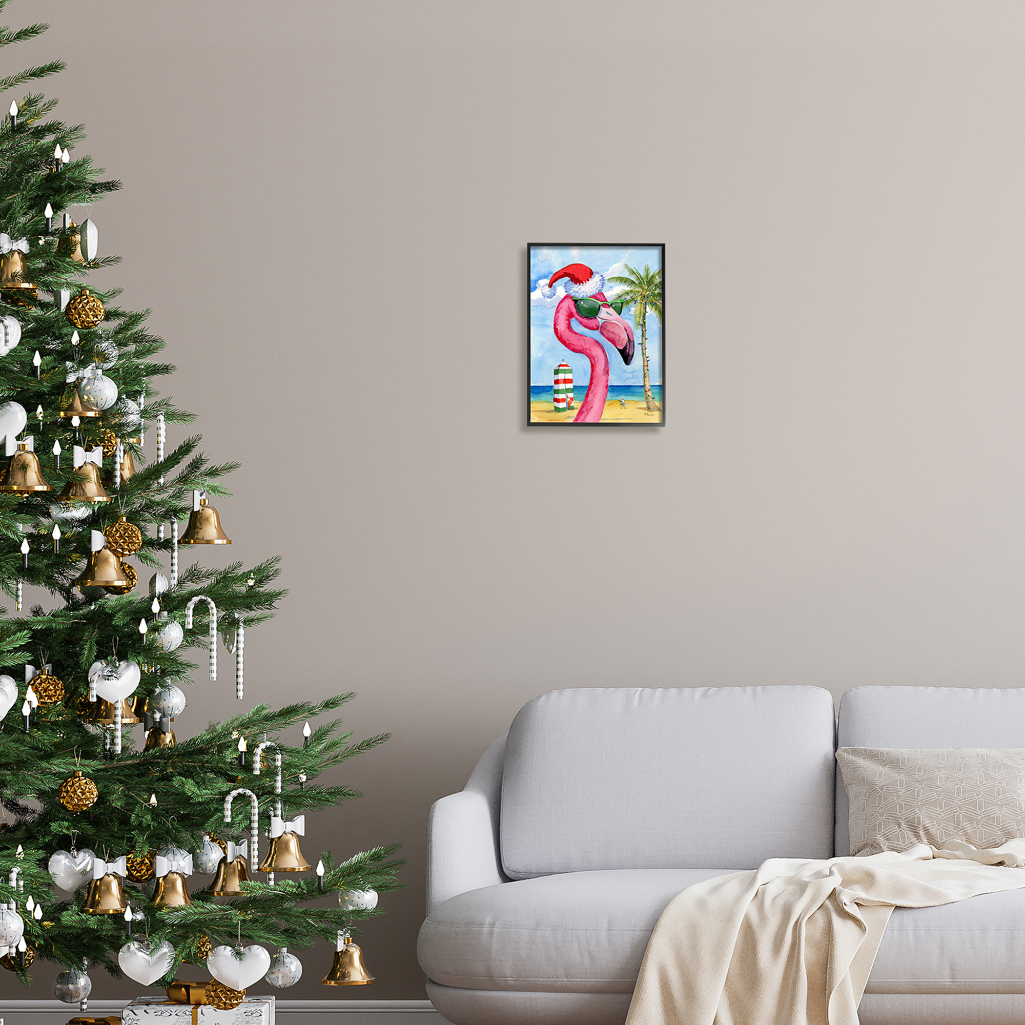 Stupell Industries Flamingo Tropical Christmas Holiday Painting Black Framed Art Print Wall Art, 11 x 14