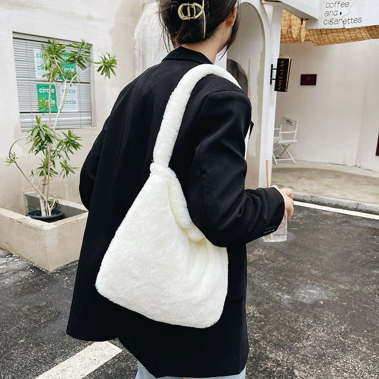 Yucurem Plush Underarm Bag Y2K Furry Purse Fluffy Tote Bag Autumn Winter Handbags  for Women (White) 