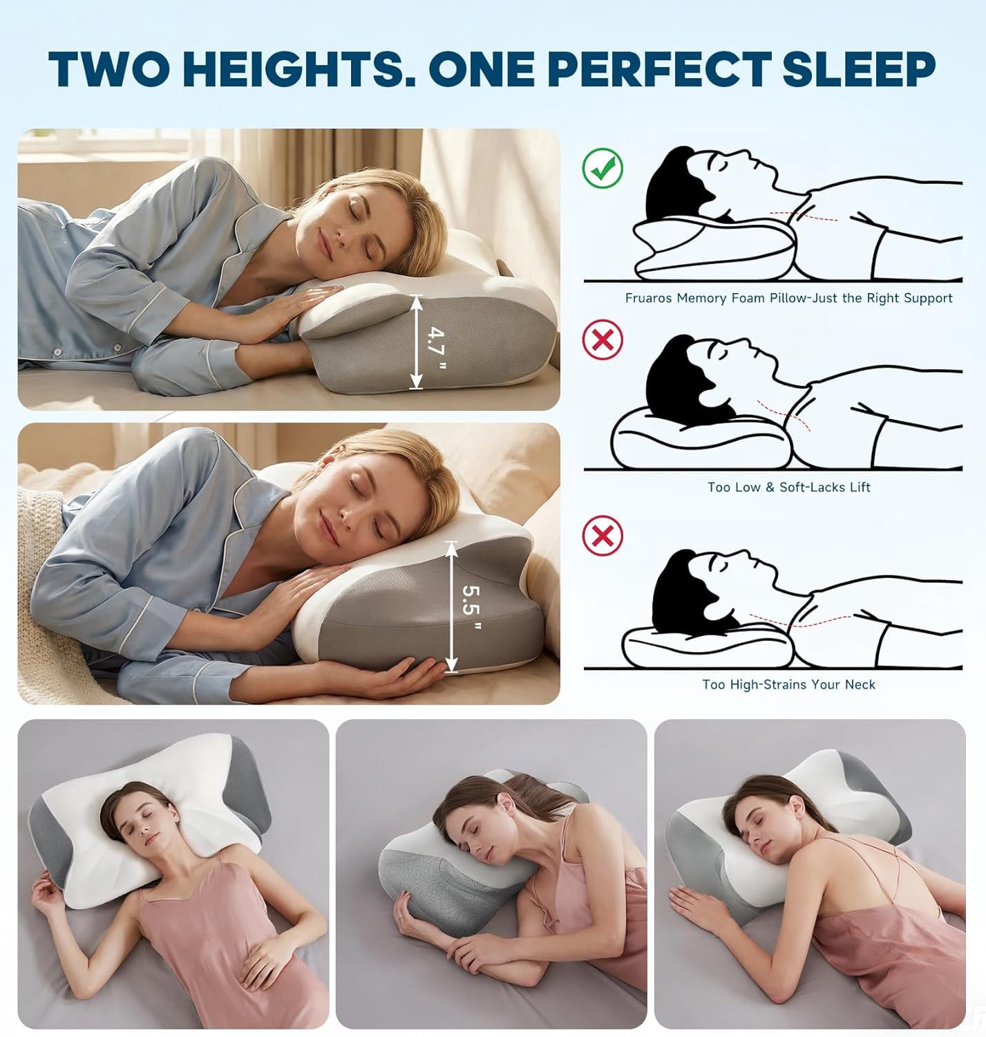Cervical Neck Pillow – Ergonomic Contoured Memory Foam Pillow for Neck & Shoulder Support, Dual-Height Spine Alignment for Side, Back & Stomach Sleepers, Cooling Ice Silk Pillowcase