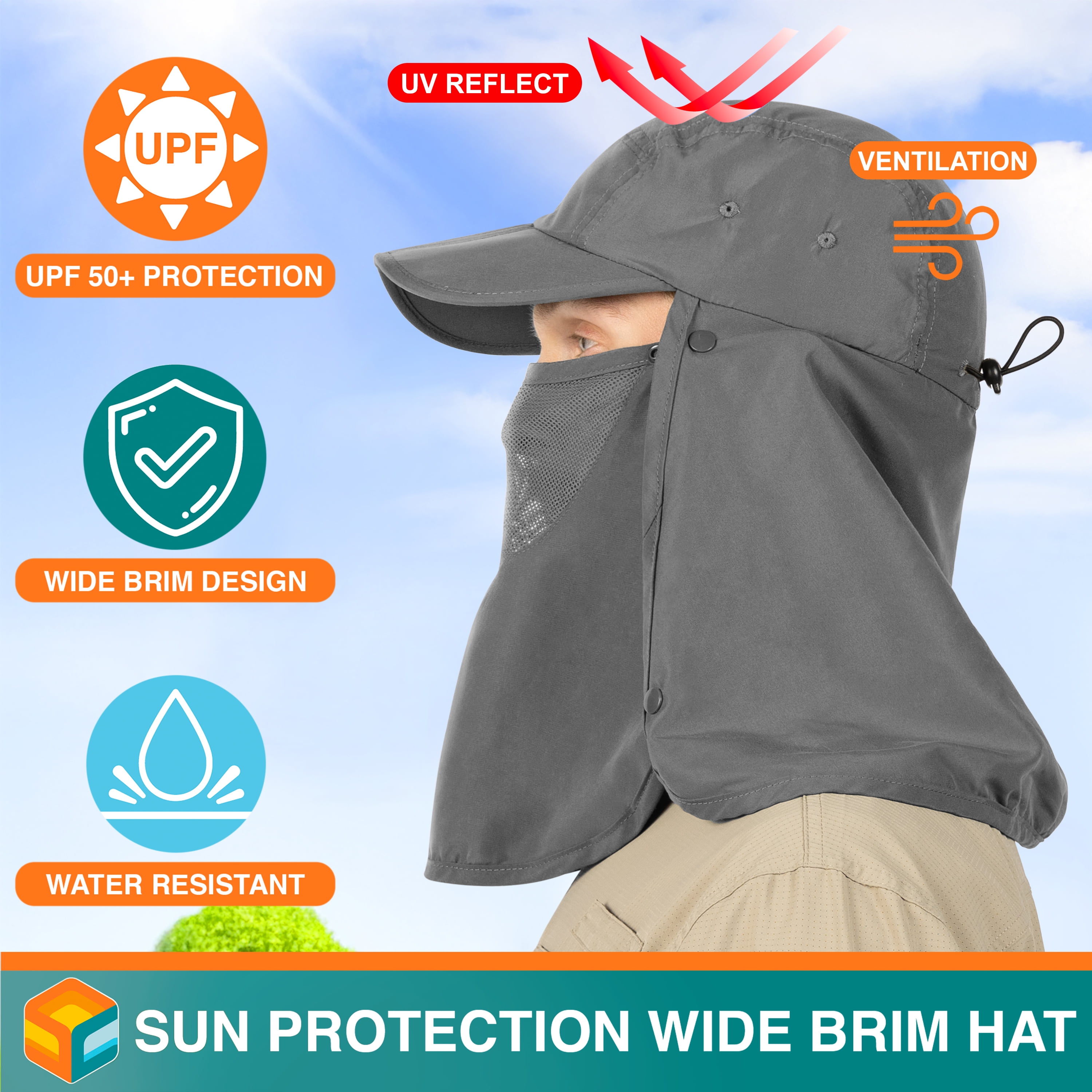 SUN CUBE Fishing Sun Hat with Neck Flap for Men Women UPF 50