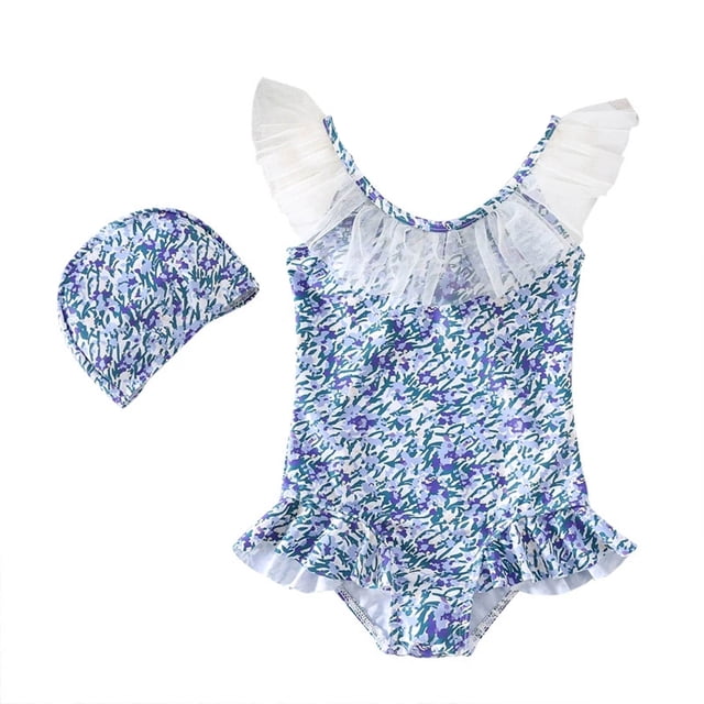 Huanglei French Floral Swimsuit For Girls Style Bathing Kids Swimwear With Ruffle Trim ,4-5 Years