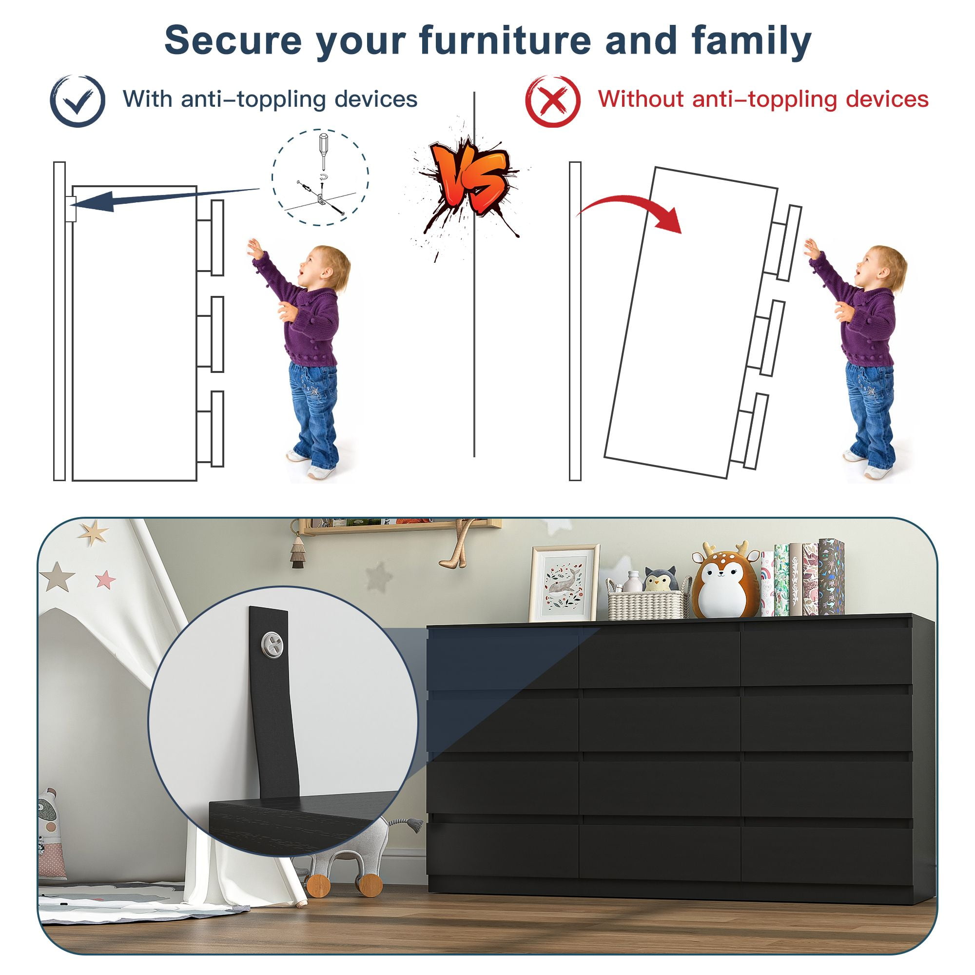 Finihen 12 Drawer Double Dresser, Modern 12 Chest of Drawers with Deep Drawers, Wide Storage Organizer Cabinet for Living Room, Kids, Black Finihen 12 Drawer Double Dresser, Modern 12 Chest of Drawers with Deep Drawers, Wide Storage Organizer Cabinet for Living Room, Kids, Black