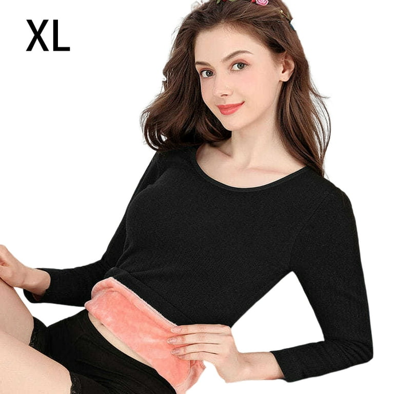 Women Thermal Underwear Winter Cold Weather Basic Top Round Neck Long  Sleeve Solid Color Base Clothing Comfortable Casual Black XL 