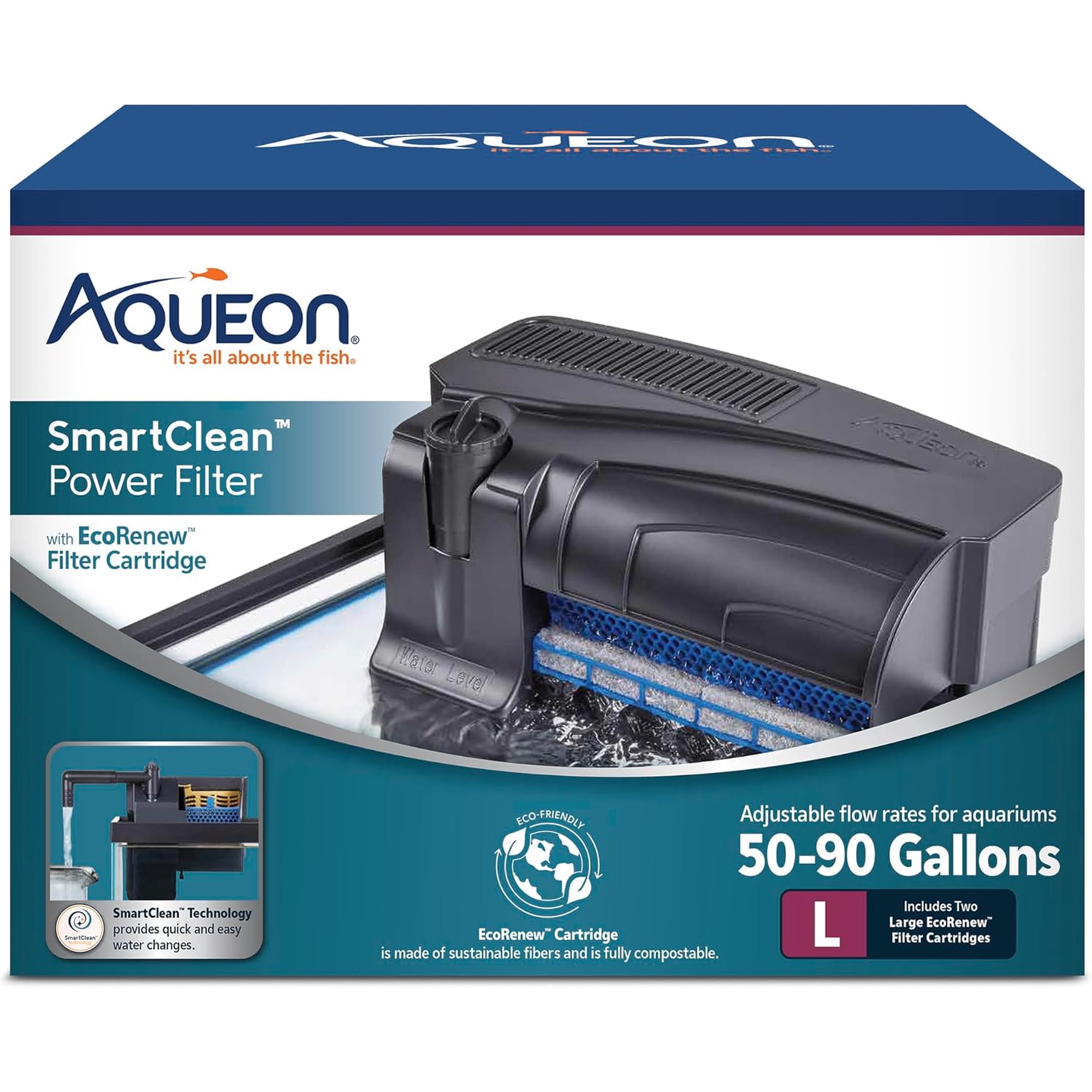 SmartClean Power Filter with EcoRenew Filter Cartridge Quick and Easy Water Changes Quiet Operation Adjustable Flow for 50-90 Gallon Freshwater and Saltwater Aquariums Large