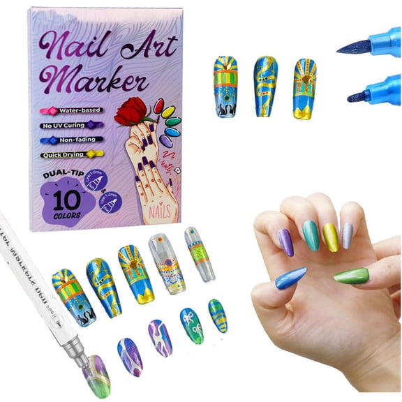 Nail Art Pens,10 Colors Double Ended Metallic Nail Marker Pens Graffiti Dotting Drawing Painting Liner Pen,Quick-Drying Acrylic Paint Pen for Home Salon Quickly Dry Nail Art(1 Set)
