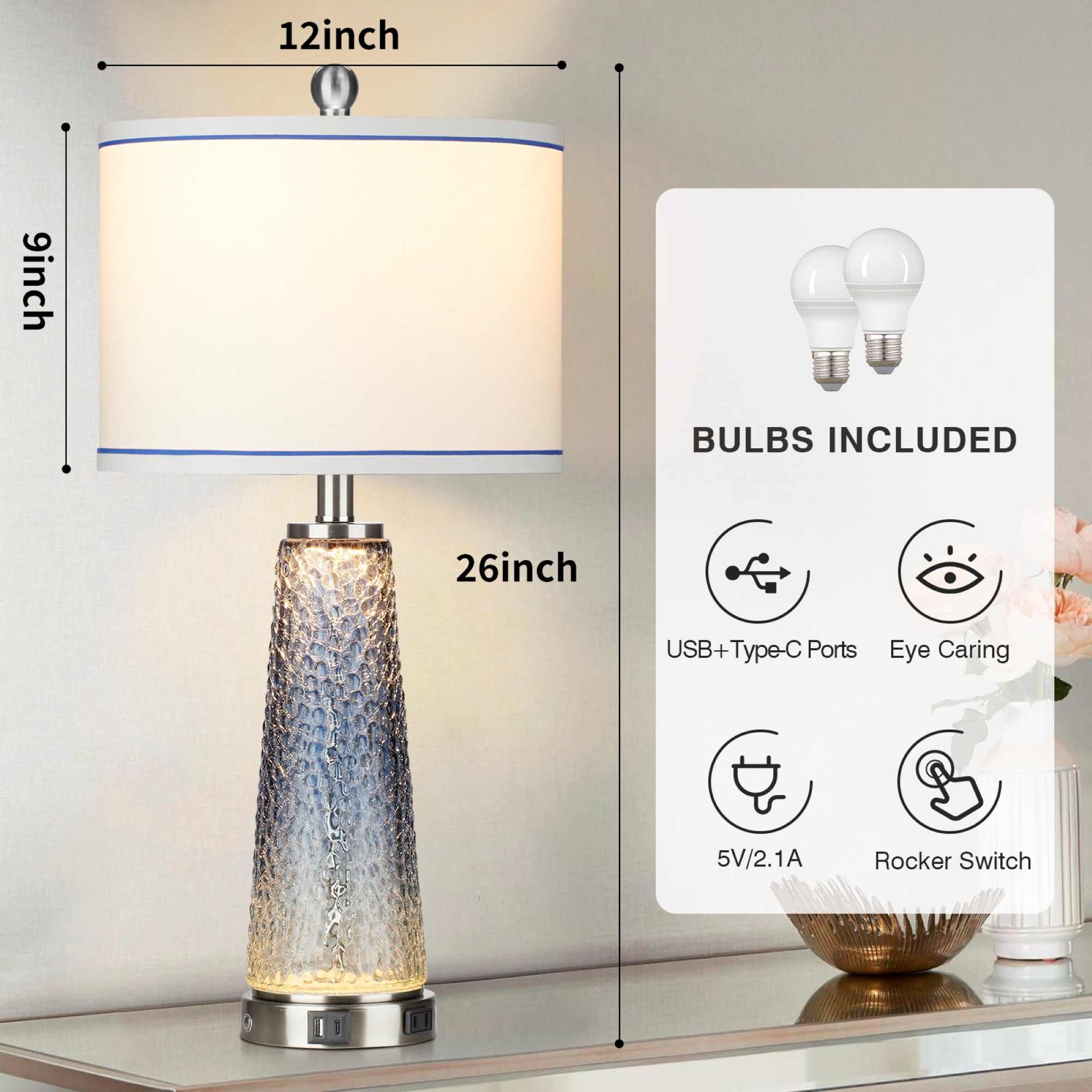 Cinkeda Glass Table Lamp Set of 2 with Nightlight USB A+C Ports AC Outlet Modern Gradient Blue Nightstand Bedside Lamps for Bedroom Living Room