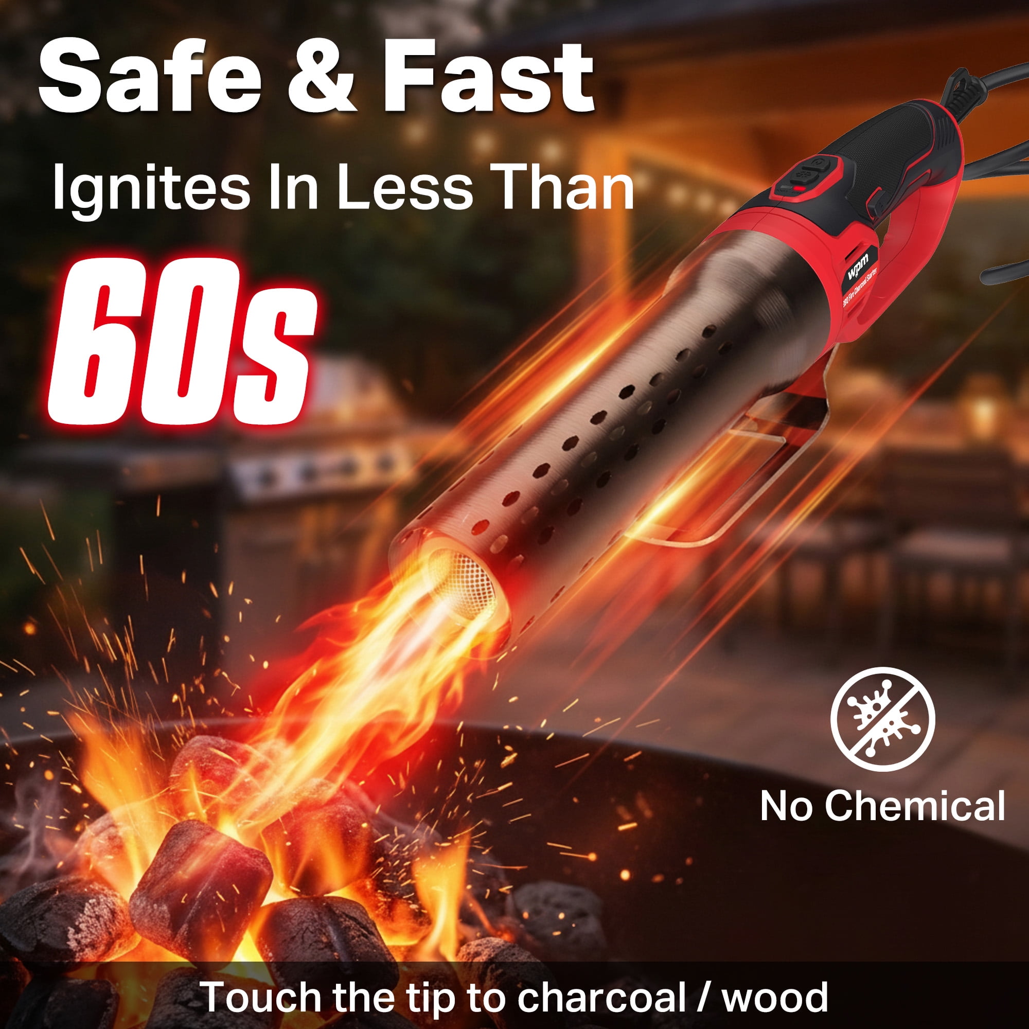 WPM Electric Charcoal Starter Fire Lighter with Air Blower, 60S Rises to 1292℉ Chemical Free Heated | 9.19ft Cable for BBQ Smoker, Grill Starter, Wood Burning Fireplaces & Fire Pits