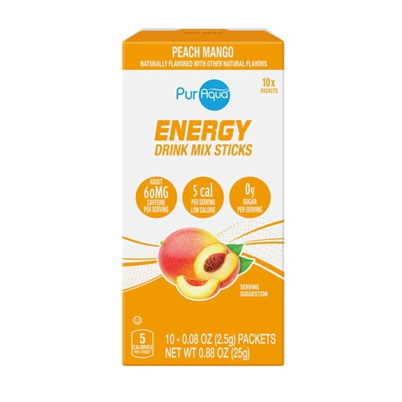 PurAqua Peach Mango Energy Drink Mix, 0 Sugar, Caffeinated, 10 Count, 0.70 oz