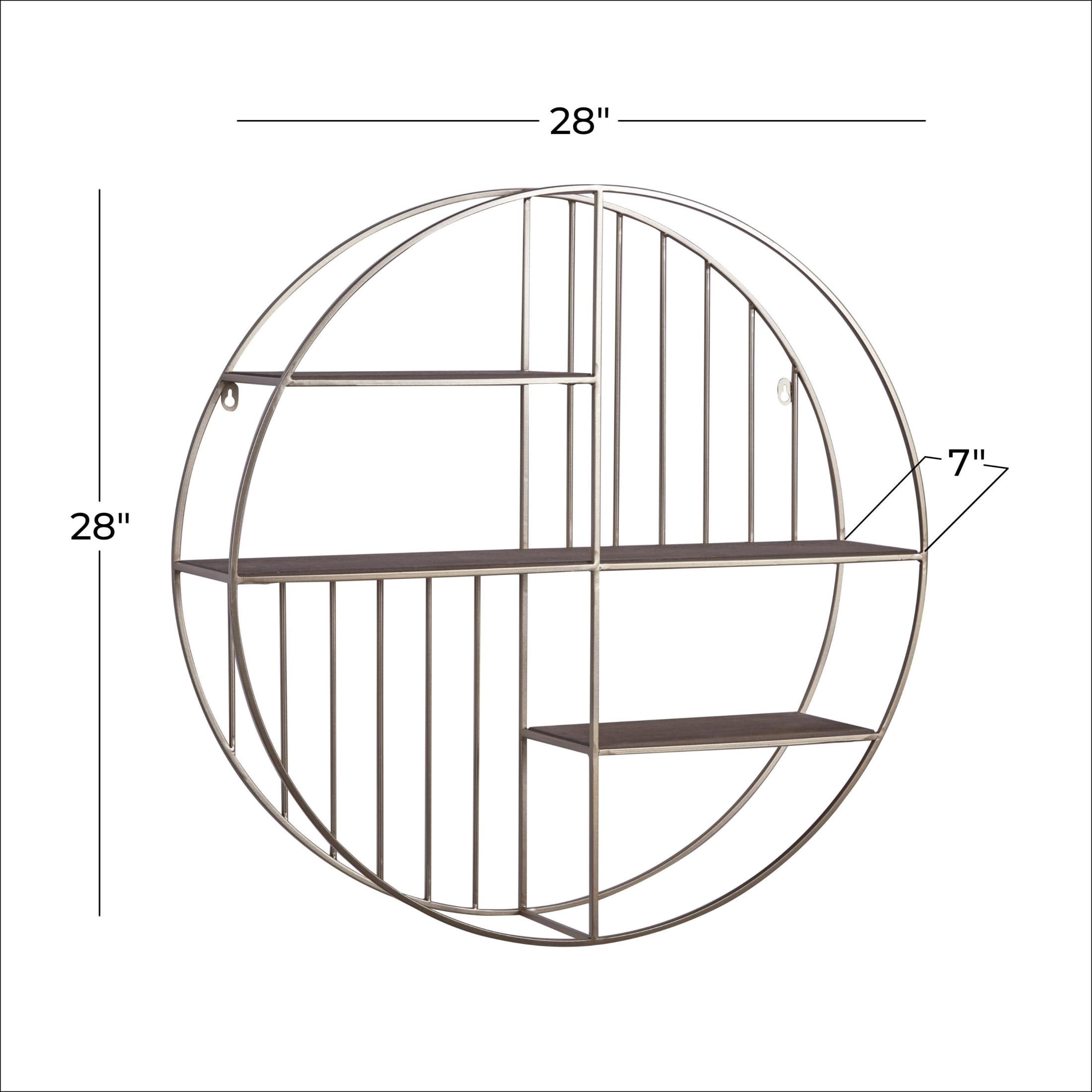 DecMode Gold Modern Iron Round Wall Shelf with Natural Brown Shelf Finish , 28"W x 28"H