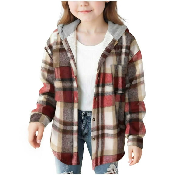 TSHXS Girls Flannel Shirts Girls Long Sleeve Shirts Size 7-8 Girls Cute Flannel Plaid Button Down Top With Pockets Long Sleeve Hooded Jacket 8-9 Years