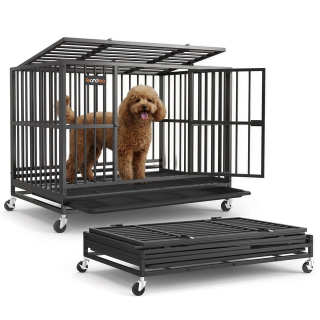 Feandrea Heavy-Duty Dog Crate, 5-Minute Quick Assembly, Foldable Dog Kennel Cage with Lockable Wheels, Double Doors, Escape Proof Fixed Bottom, Removable Tray, Easy to Clean, Ink Black, 37 Inch
