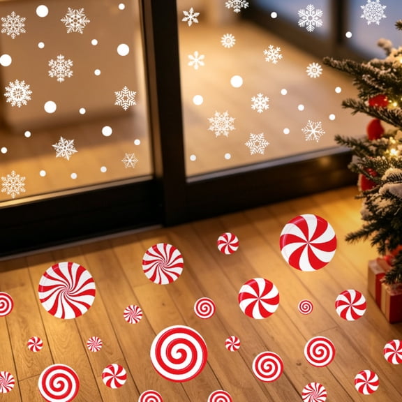 9 Sheets Christmas Peppermint Candy Floor Stickers, Festive Snowflake Glass Decals, Removable Self-Adhesive Holiday Party Decoration Ornaments for Home