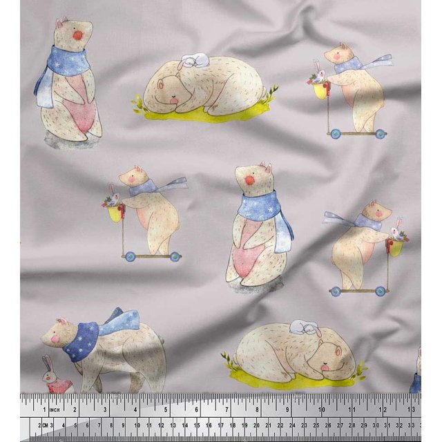 Soimoi Cotton Voile Fabric Cycle,Rabbit & Bear Kids Print Fabric by the Yard 42 Inch Wide