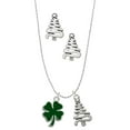thumbnail image 1 of Delight Jewelry Silvertone Two Sided Green Enamel Lucky Four Leaf Clover Silver tone Zig Zag Christmas Tree Charm Necklace and Stud Earrings, 1 of 4