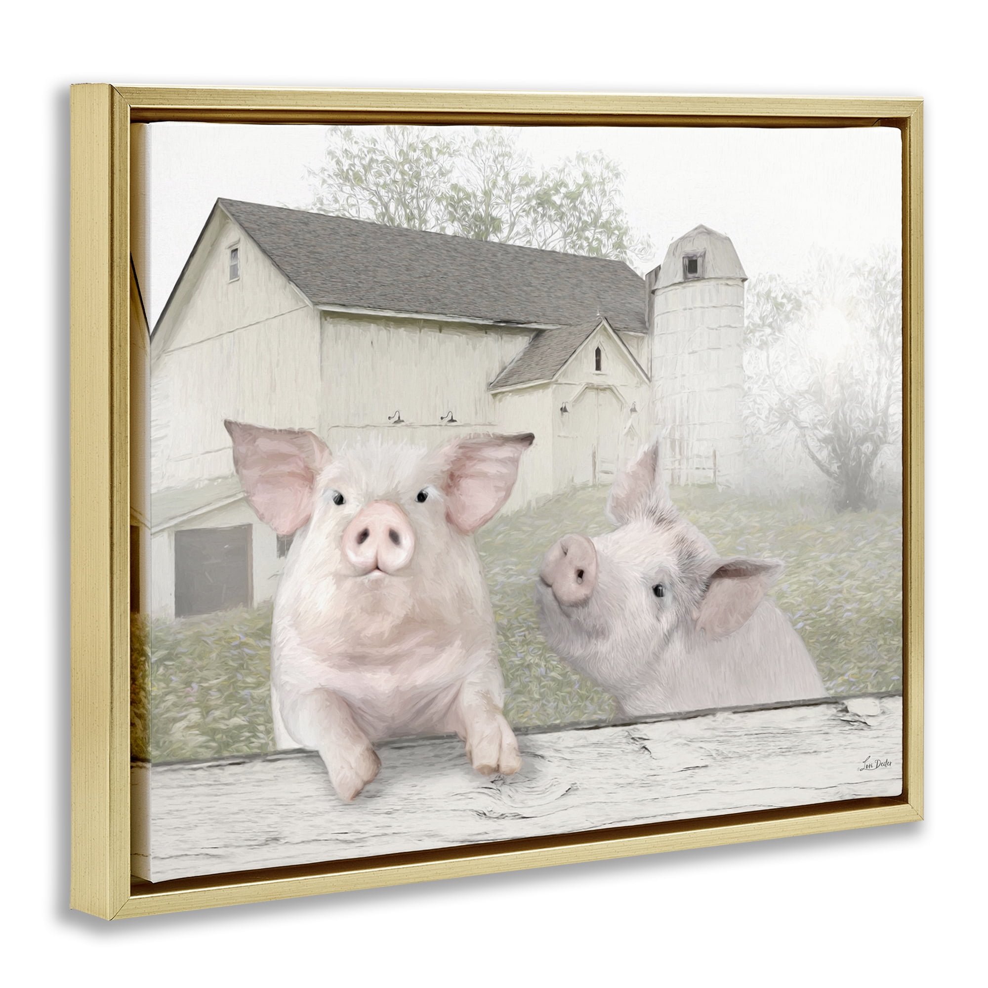 Stupell Industries Piglets Farm Scenery Animals & Insects Painting Gold Floater Framed Canvas Art Print Wall Art, 21 x 17
