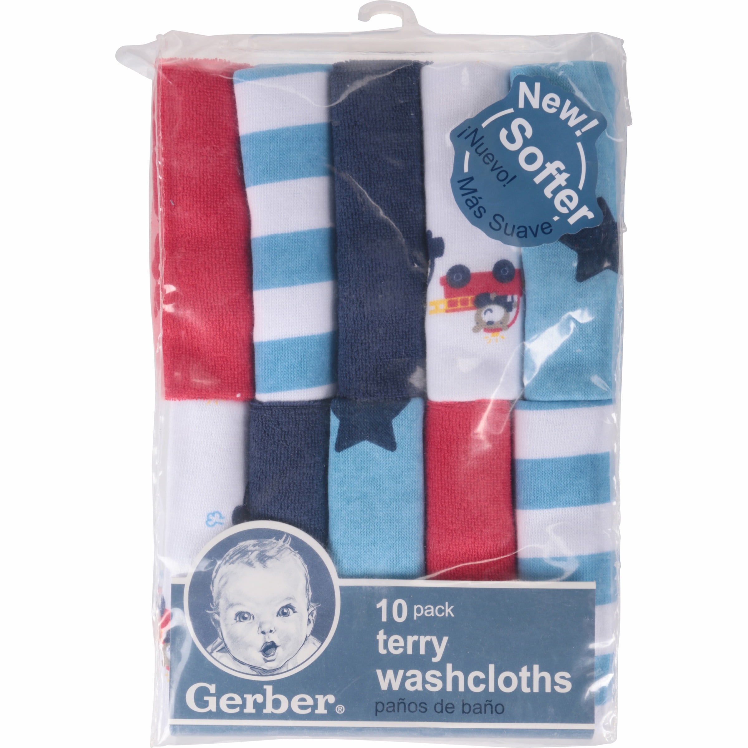 Gerber Newborn Baby Boy Terry Printed Washcloths, Fire Truck, 10 Pack