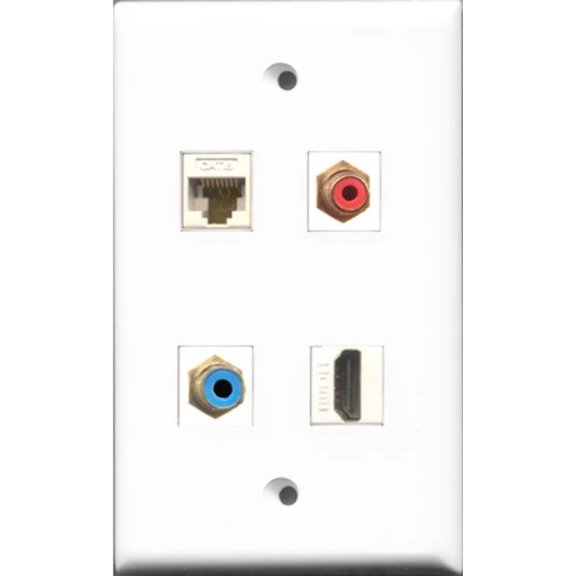 RiteAV 1 Port HDMI and 1 Port RCA Red and 1 Port RCA Blue and 1 Port Cat6 Ethernet White Wall Plate