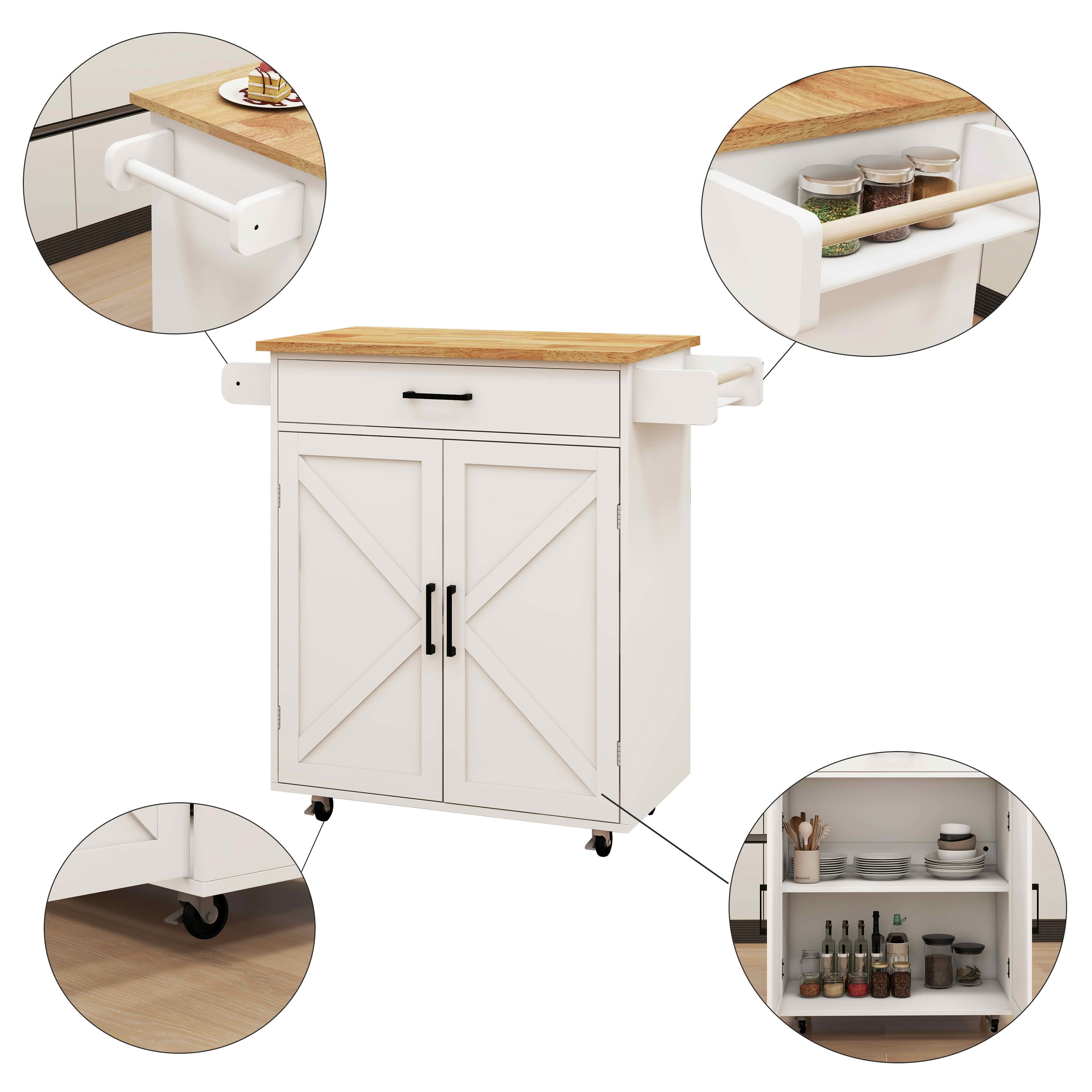MAYEERTY Kitchen Island Rolling Trolley Cart, Rubber Wood Top with Adjustable Shelves Towel Rack Seasoning Rack White