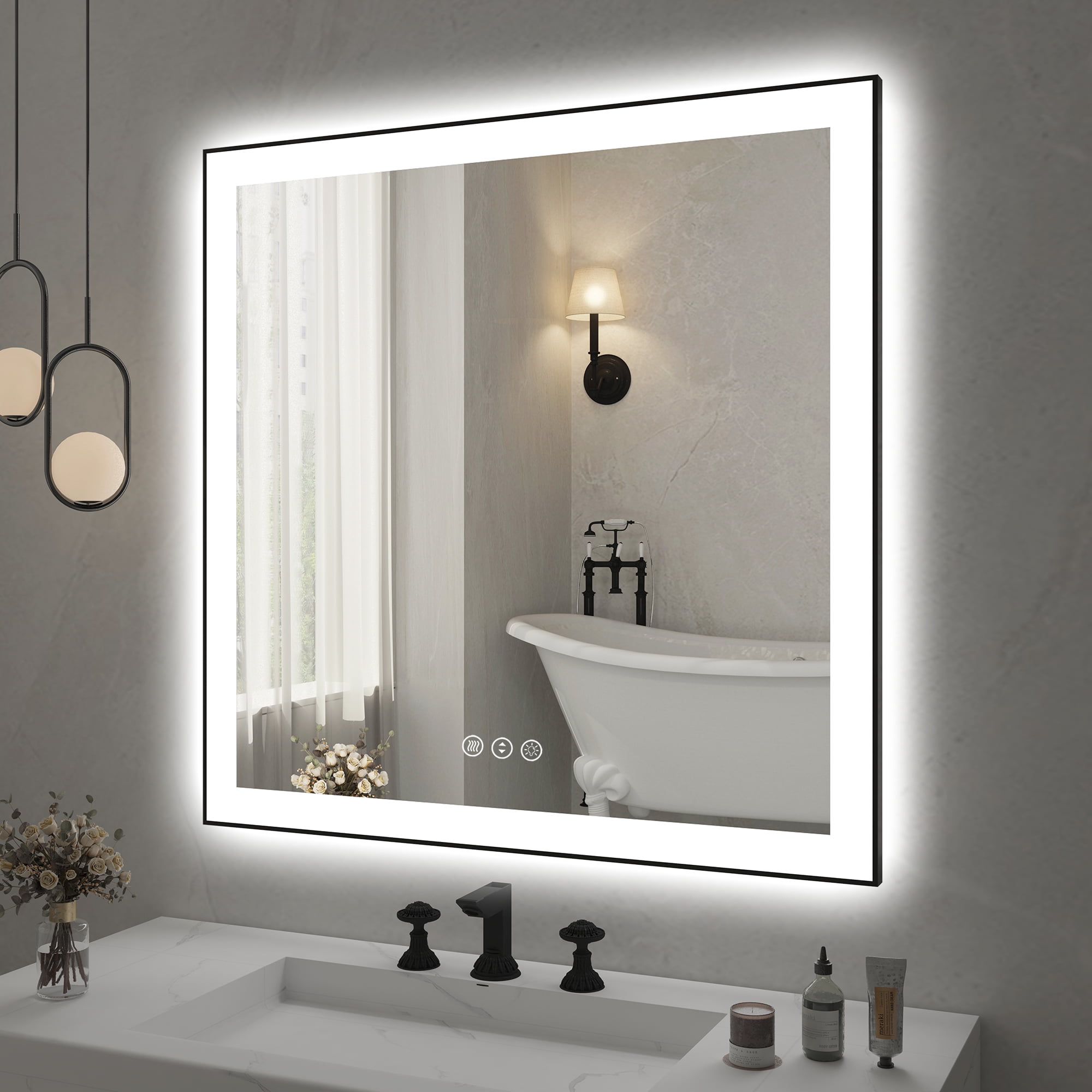 36x 36 Inch LED lights Bathroom Mirror for Wall, Black Aluminum Framed ...