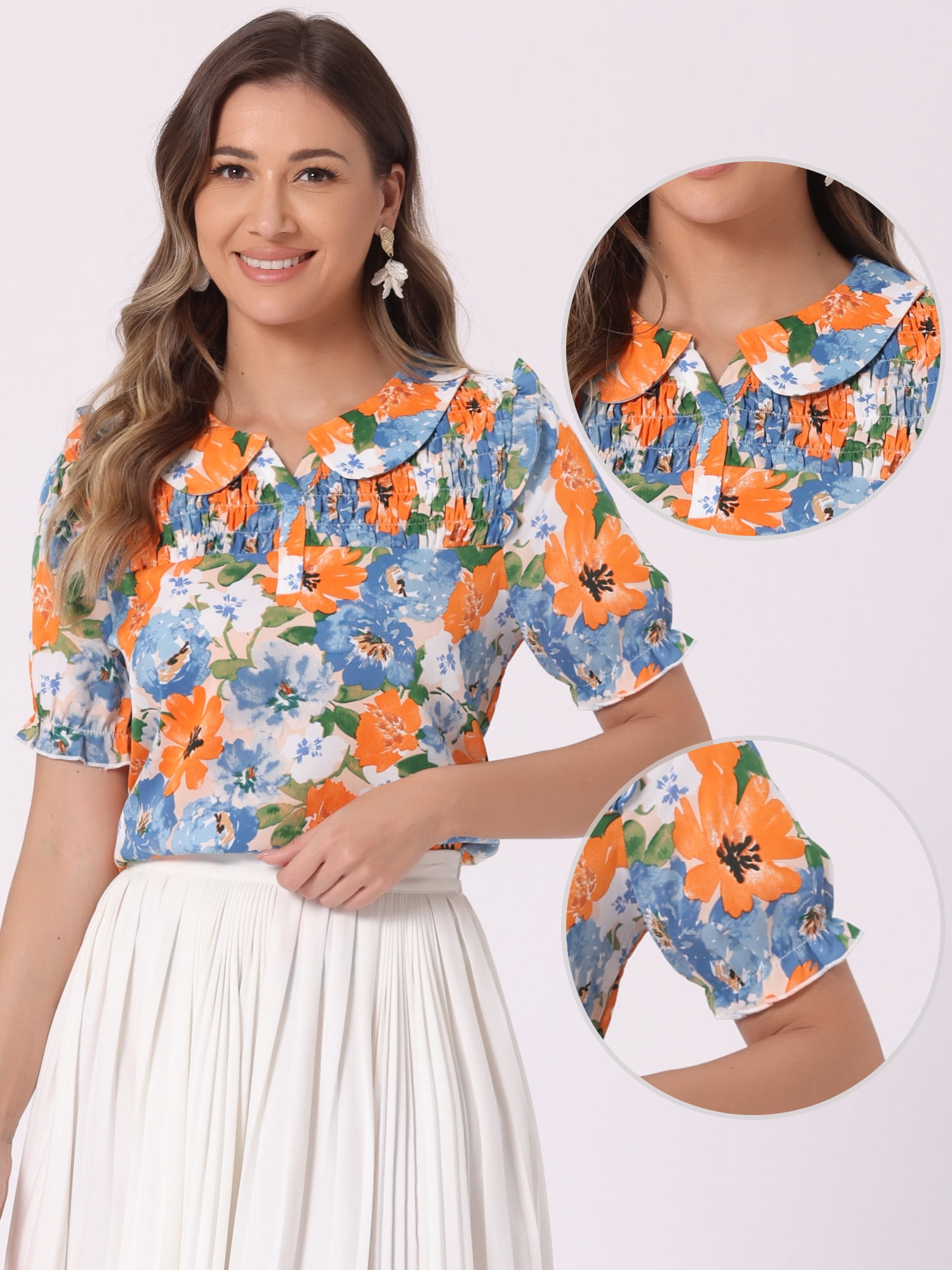 DARING DIVA Women's Puff Short Sleeve Ruffle Vintage Floral Blouses S Orange Blue