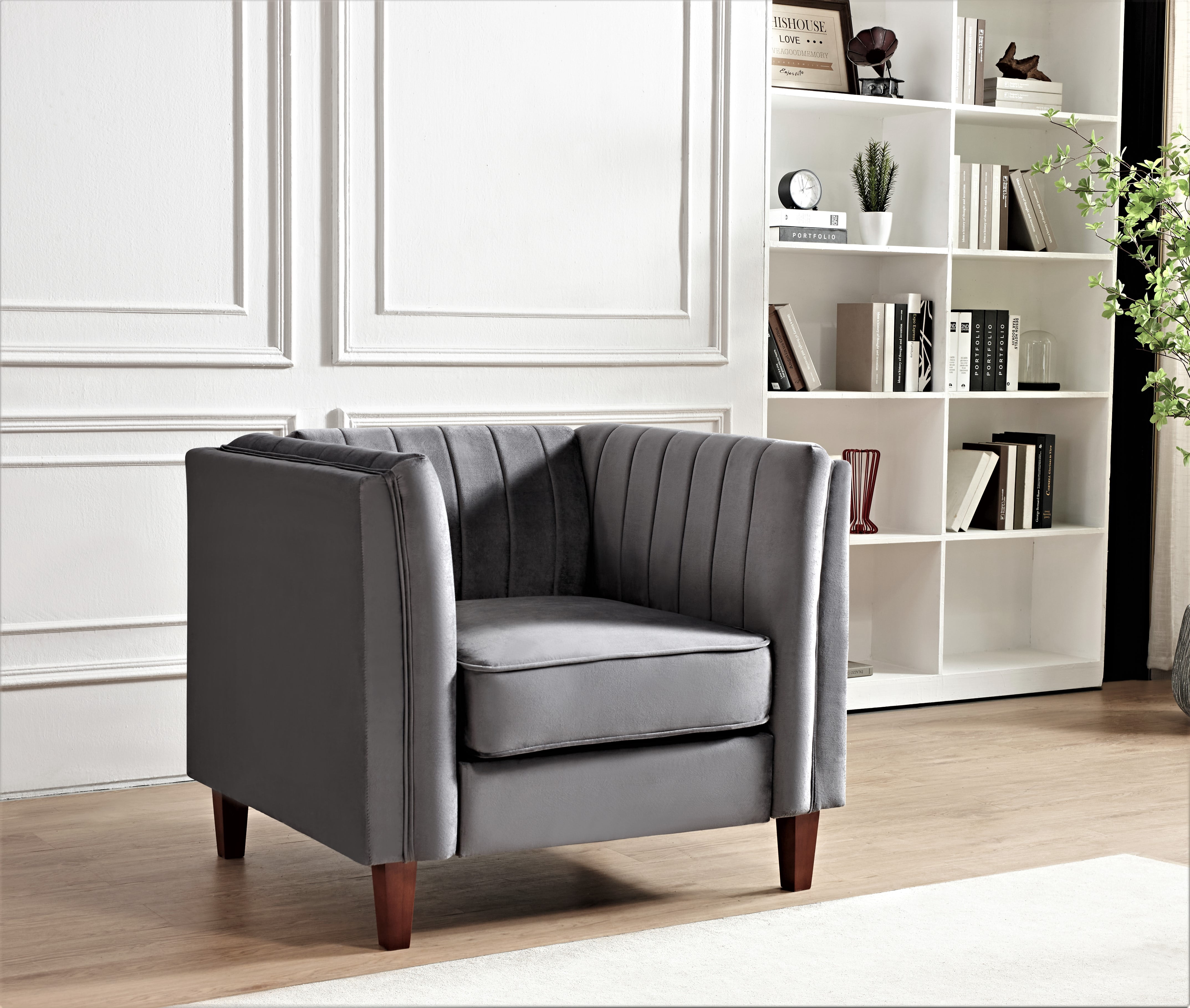 Uspridefurniture Plainfield Line Tufted Square Design velvet Armchair-Gray