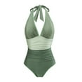 thumbnail image 2 of UPPADA Halter Swim Dress Womens One Piece Solid Color Swimsuit Cute Bathing Suits Tummy Control Cheeky Swimsuits Full Coverage One Piece Swimsuit Army Green,M, 2 of 9