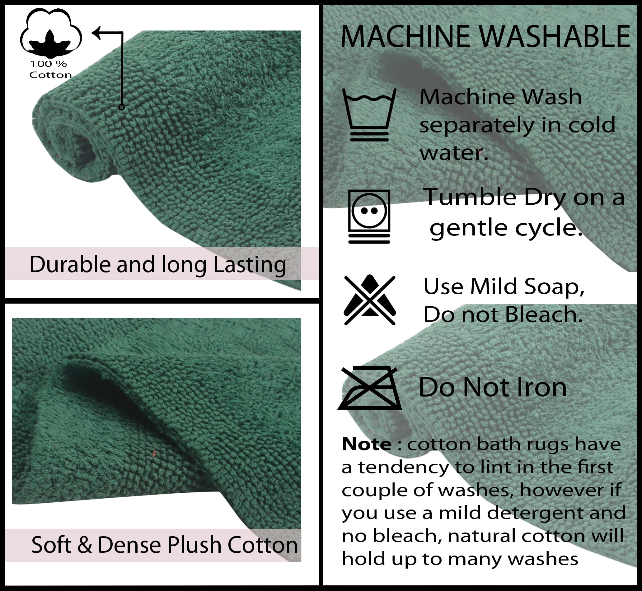 Home Weavers Luxury Bathroom Rug 100% Cotton Reversible Bathroom Rugs Set, Washable Rug, Soft Absorbent bath Rug, Bathroom Carpet, Kitchen Mat, Non Slip Bath Decor Mat, 17"x24", Bottle Green