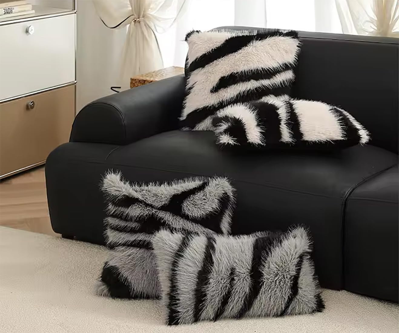 Fennco Styles Zebra Stripe Faux Fur Animal Design Decorative Lumbar Throw Pillow Cover 12" W x 20" L – White Plush Cushion Case for Couch, Bedroom, Living Room and Office Décor