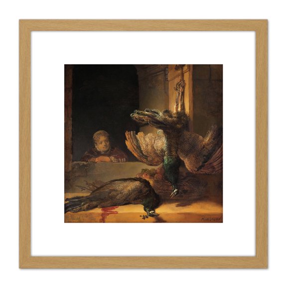 Rembrandt Still Life With Peacocks Painting 8X8 Inch Square Wooden Framed Wall Art Print Picture with Mount