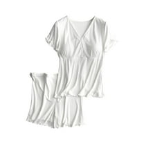 Zwiiyzr Women 2 Piece Outfits Sets Nursing Tops Summer Pregnant Solid Color Round Neck Short Sleeve Blouse Shorts Postpartum Mommy Maternity Clothes Loungewear White