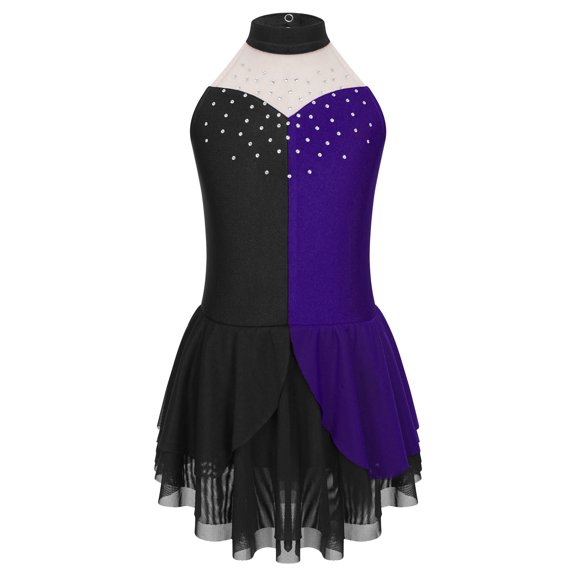 IEFIEL Girls Sequins Contrast Color Backless Figure Skating Dance Dress Shiny Rhinestones Sleeveless Dancewear Purple 8