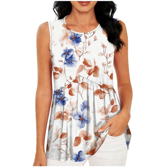 Lpmadey Tank Tops for Women Summer Sleeveless Tops Pleated Crewneck Floral Loose Fit Casual Flowy Boho Tunic Tops