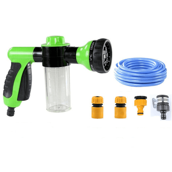 High Pressure Foam Water Gun Car Wash Kit with 4 Nozzle Attachments & 10M Hose - Green Foam Cannon Set for Cars, Bikes, and Outdoor Cleaning