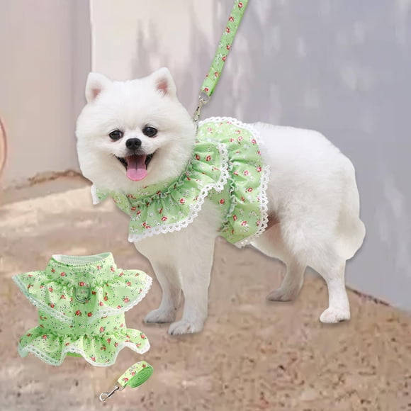 Conjunto de arnés y correa con diseño floral para perros, vestido para perros, arnés para gatos y niñas, ropa para cachorros, accesorios para mascotas verde