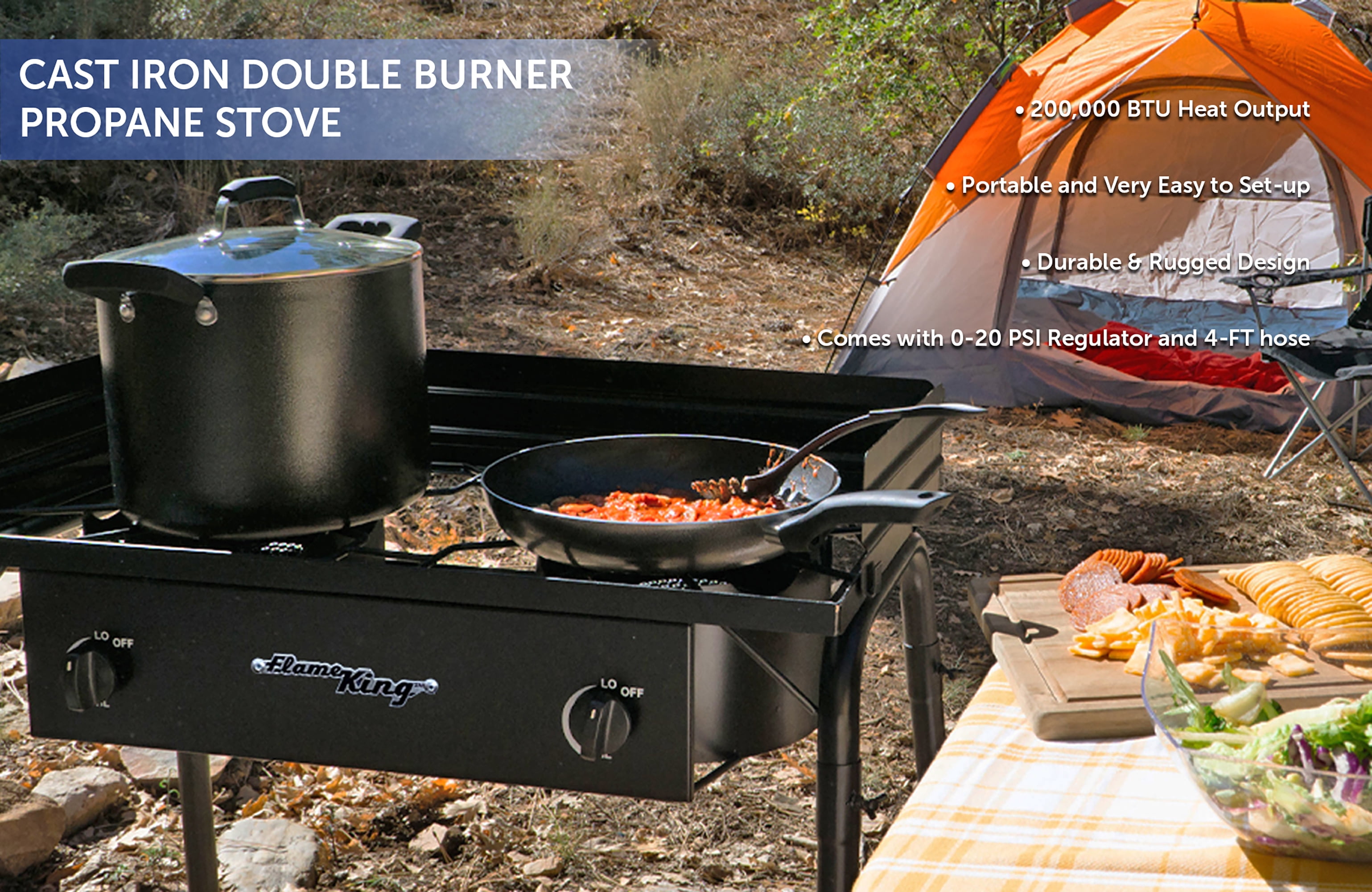 Flame King Standup 2 Burner Camp Stove, Propane Camping Stove, 200K BTU, Black, 31” x 16” x 35”