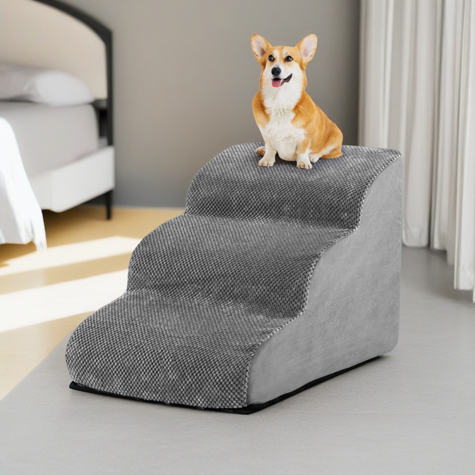 Kadyn 23" Dog Stairs for Small Pets with High-Density Sponge and Silicone Paw Prints, 3-Step Dog Ramp for Beds and Couch, Gray