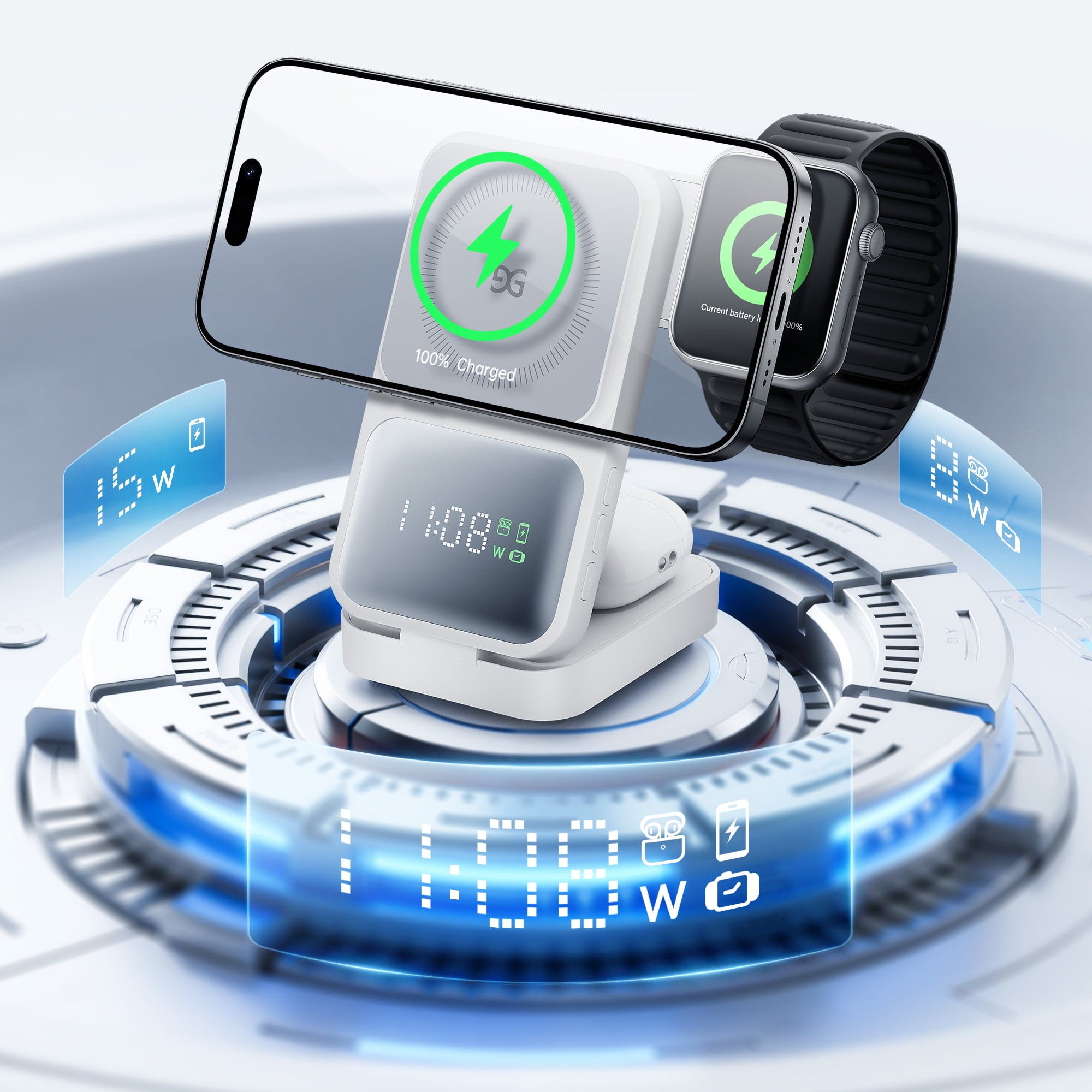 GUSGU MagTime 4-in-1 Charging Station, Foldable Wireless Charger Stand with Time Display for iPhone/Android, White