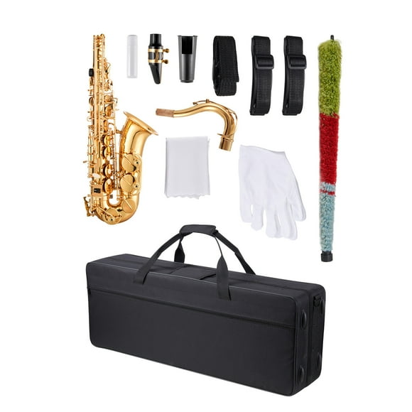KFFKFF Tenor Saxophone, B Flat, Professional Brass Saxophone Beginner Kit with Carrying Case, Mouthpiece, Straps, Cleaning Cloth, Gloves, Neck Strap, 23 Keys Tenor Sax Kit, Gold