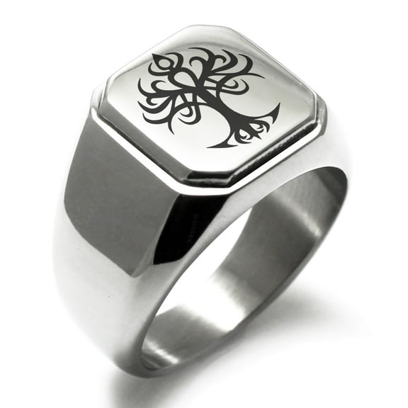 Stainless Steel Tribal Tree of Life Engraved Square Flat Top Biker Style Polished Signet Ring