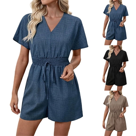 Sentmoon Womens Jumpsuits Casual Dressy Short Sleeve V Neck Long Sleeve Romper for Women Solid Color Regular Fit Women Overalls Summer for Business and Casual S-XL