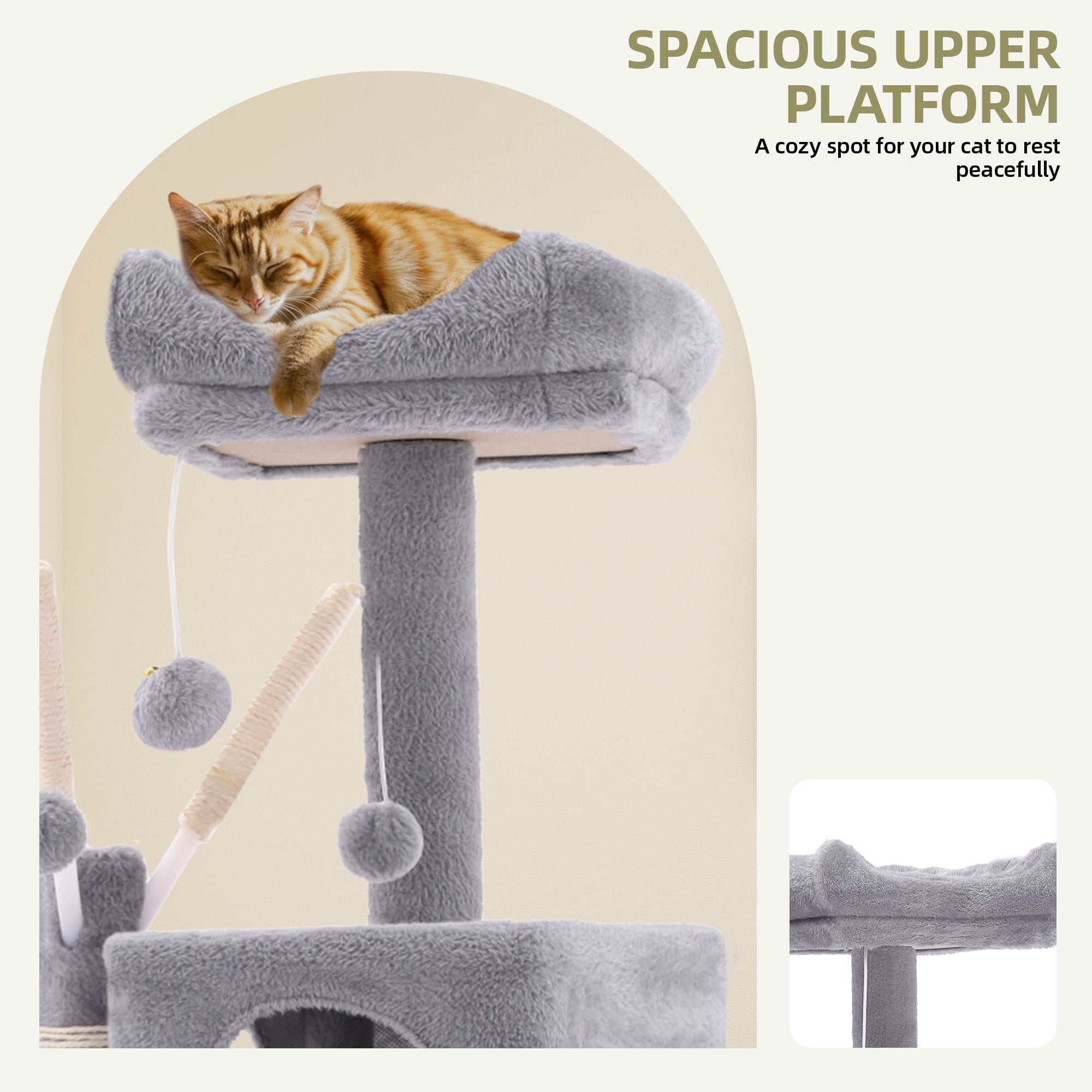 Uforic 44" Cat Tree Tower, with Scratch Posts, Condo, Hammock, Toys, Light Gray