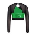 thumbnail image 4 of Eandarui Kids Girls Sequin Hip Hop Jazz Dance Crop Top Mesh Long Sleeve Cutout Back Color Block Sparkly Shirt Green 16, 4 of 5