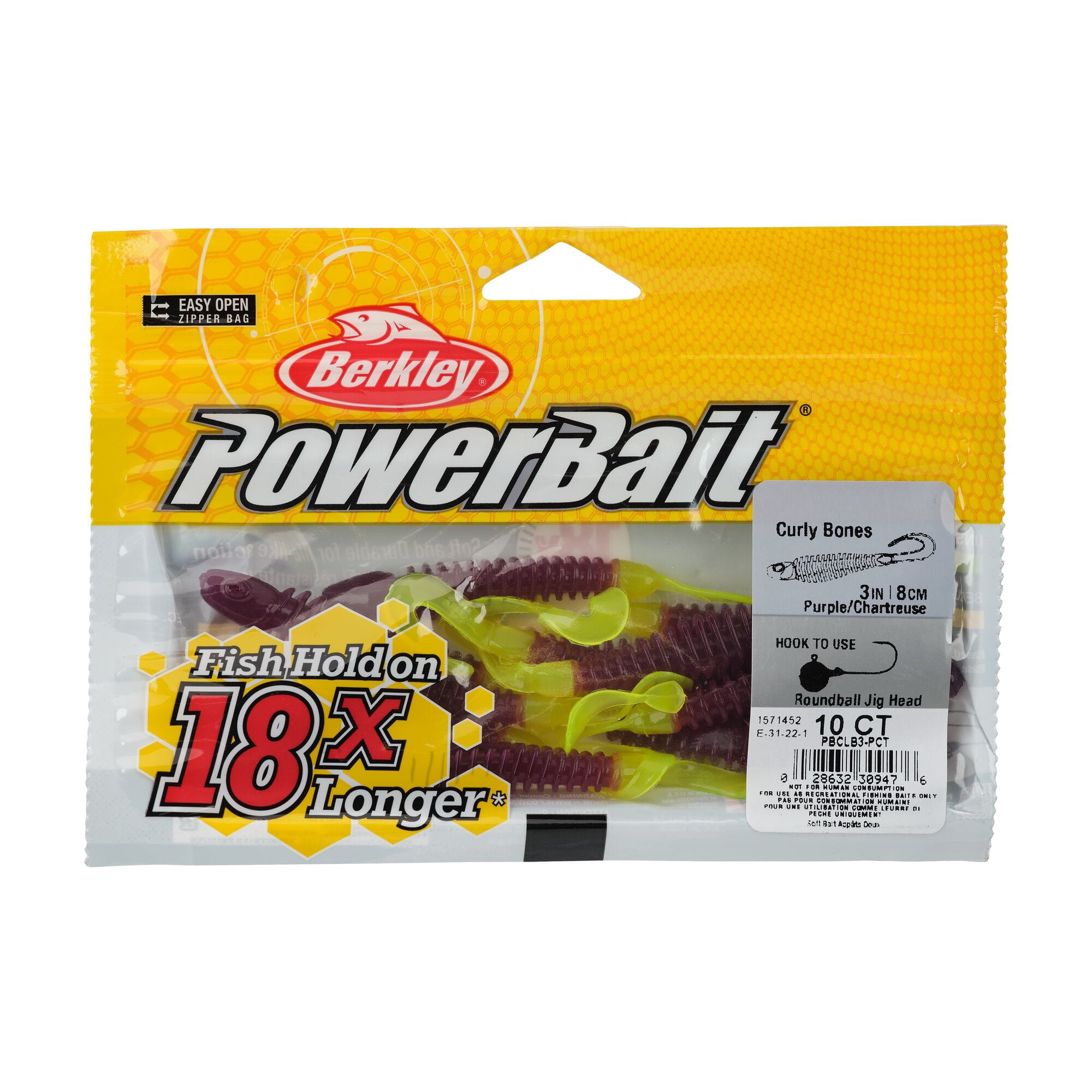 Berkley PowerBait® Curly Bones, 3 in, Swimbaits, Purple/Chartreuse (10-count)