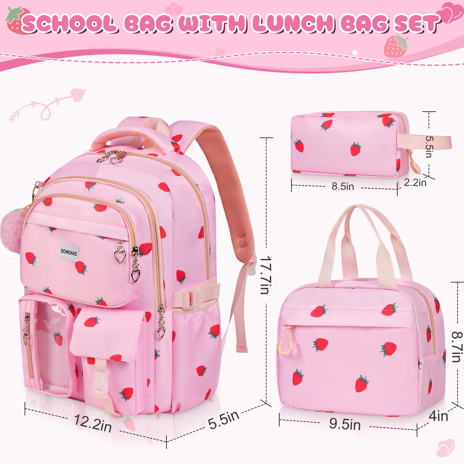 DAKIMOE Cute School Backpack Set Water Resistant Durable 3-in-1 School Bookbag for Travel & Daily Use