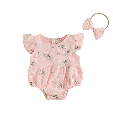 

Wilcliar Baby Girls 2 Piece Jumpsuit Outfits Floral Ruffle Romper and Headband Summer Clothes