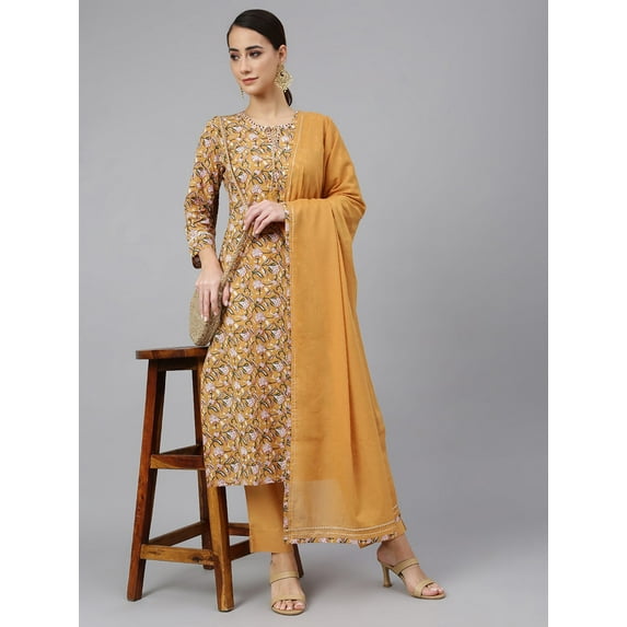 Janasya Indian Women's Light Brown Cotton Floral Print Kurta with Pant and Dupatta
