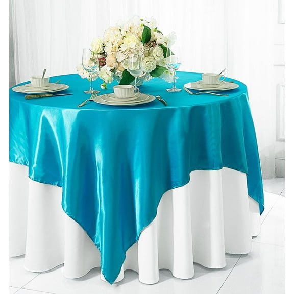 Wedding Linens Inc. 85 inch Square Satin Table Overlay Toppers - Turquoise