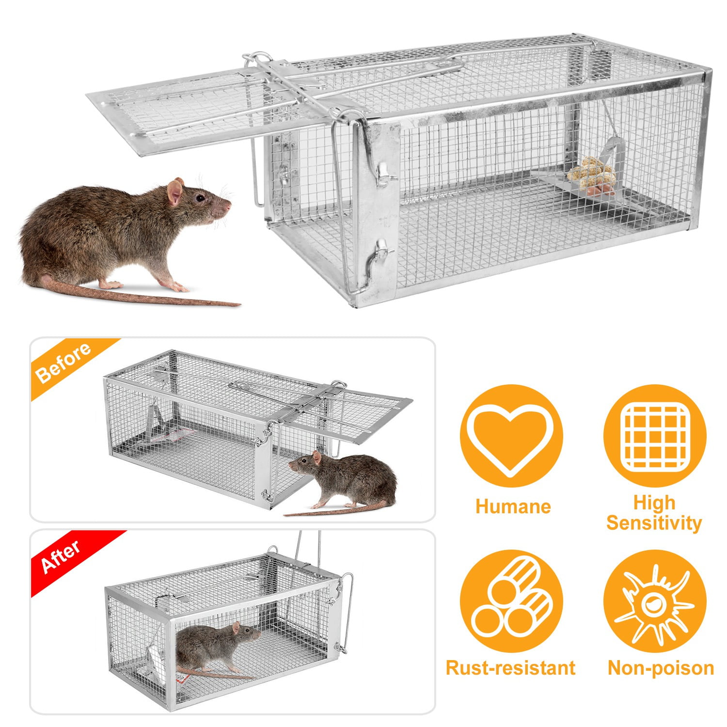 Humane Live Rat Trap Chipmunk Rodent Trap for Indoor and Outdoor Small Animal Mouse Voles Hamsters Galvanized Iron Cage 1-Door