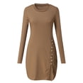 thumbnail image 3 of Ygbgbb Womens Cotton Fall Bodycon Dresses Solid Color Mini Dresses Long Sleeve Dresses Pleated Waist Slit Side Slim Casual Round Neck Khaki L, 3 of 9