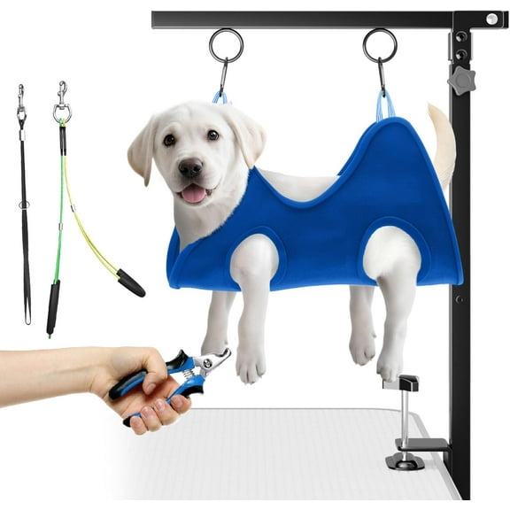 Adjustable Foldable Dog Grooming Arm with Heavy-Duty Clamp: 26" to 40" Height, Includes Safety Hammock & No-Sit Holders – Perfect Grooming Restraint for Small & Medium Dogs at Home or Salons